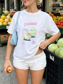 Camiseta Oversize para Mujer con Estampado de Coco, Cuello Redondo, Manga Corta, Diseño Casual - Blanco - Ver 1