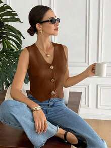 Chaleco elegante de mujer de unicolor con cuello en V sin mangas, decorado con botones metálicos, para verano, playa, vacaciones, estilo boho, tropical, casual, de oficina, de salida elegante, para la escuela y vacaciones, color albaricoque - Marrón - Ver 4