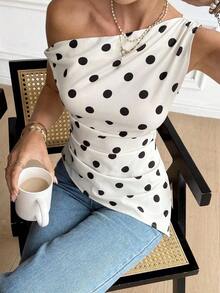 Camiseta de mujer casual con estampado de lunares asimétrica en los hombros, para verano - Multicolor - Ver 9