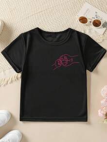 1 Piece Girls' Short Sleeve T-Shirt, Summer Style, With "Daddy + Me" Cartoon Print With Fist And Heart, Double-Sided Print, Versatile Casual Top NY-DX4322180g 100% Cotton - 黑色 - 查看 2