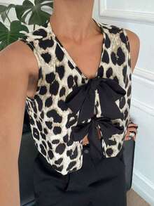 Camisa casual sin mangas con nudo delantero y estampado de leopardo para mujer - Albaricoque - Ver 5