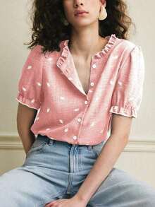 Camisa azul de mujer con cuello con volantes, mangas de pétalos y textura de tela suave, estilo francés casual de vacaciones, primavera/verano - Rosa Pálido - Ver 6