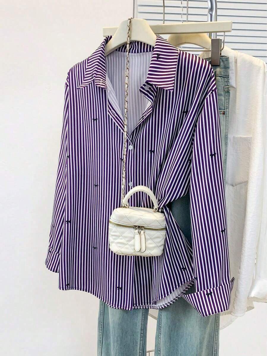 Camisa de manga larga con estampado a rayas y lazo, con botones delanteros, cuello de camisa, top casual, adecuado para primavera, otoño e invierno en color rosa - Morado - Ver 1