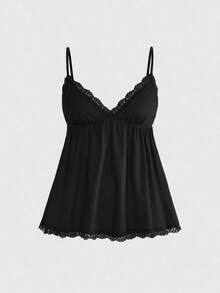 Conjunto de pijama casual de camiseta de tirantes acanalada y shorts con encaje - Negro - Ver 5