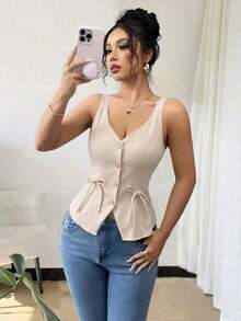 Nuevo Llegado para el Día de San Valentín 2025 Blusa de Tirantes con Cuello en V Profundo, Lazo en la Cintura y Moño para Mujer, Estilizante - Albaricoque - Ver 8