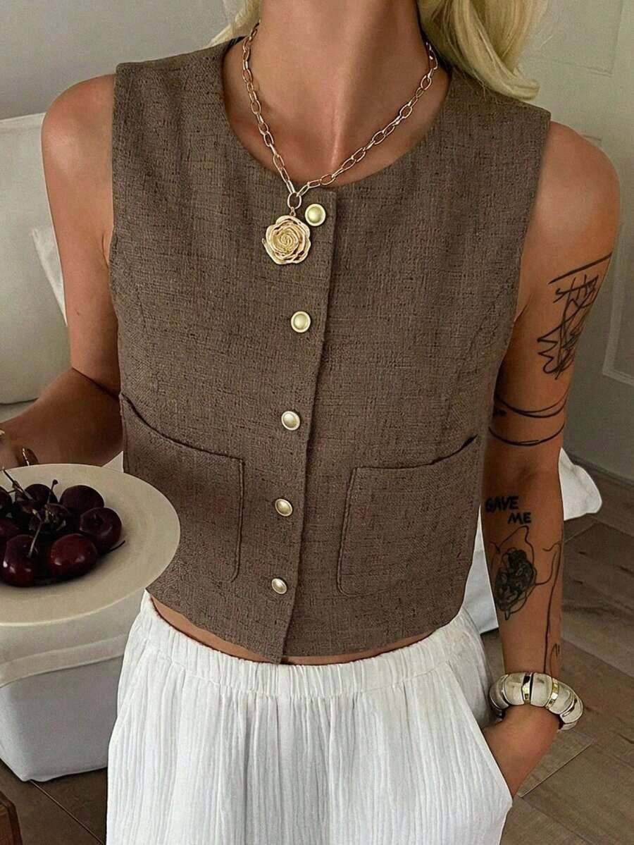 Chaqueta ajustada sin mangas de cuello redondo de unicolor para mujer, primavera/verano - Marrón - Ver 1