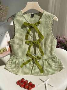 Camisa sin mangas a cuadros rojos y blancos tejida con nudo delantero para mujer - Verde - Ver 4