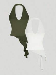 2 piezas Parte superior de tirantes casual con hebilla metálica anudada y bajo asimétrico ajustado, ropa de mujer para Navidad, Año Nuevo, fiesta, Acción de Gracias, blanco, salir, vacaciones - Verde militar - Ver 2