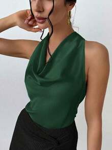 1 pieza Blusa de mujer con cuello de lazo en color albaricoque, minimalista y elegante, top sin mangas - Verde Oscuro - Ver 4