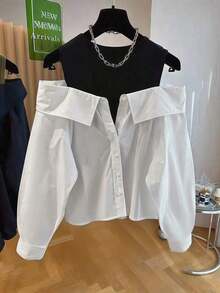 Blusa suelta de manga larga y hombros descubiertos de moda para mujeres - Blanco - Ver 3