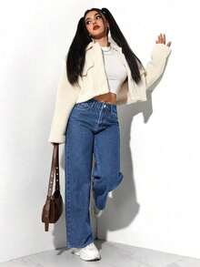Pantalón de mezclilla con bolsillo y botones al frente, de estilo minimalista, para uso casual diario de mujeres - Azul 2 - Ver 7