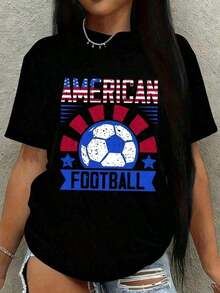 Camiseta de Mujer con Estampado de Estrellas y Rayas del Fútbol Americano, Negra, Edición Limitada, Perfecta para el Verano, Uso al Aire Libre y Ocio, Suave y Cómoda, Ropa Casual Ideal para el Uso Diario. - Negro - Ver 7