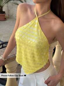 Top halter con espalda descubierta y lentejuelas sexy para mujer, ideal para verano, vacaciones en la playa, estilo bohemio, tropical, conciertos, festivales, country, Ibiza, Nashville, estilo occidental, boho, streetwear, gyaru - Amarillo claro - Ver 5
