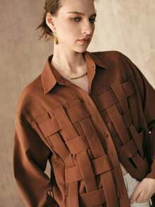 Camisa de mujer de tejido liso de punto a mano con hombros rectos, mangas largas, abertura media, diseño de estructura de punto a mano, uso casual, camisa marrón para verano y primavera - Óxido marrón - Ver 6