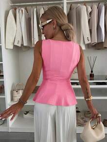 1 pieza Blusa informal de punto de unicolor con volante, verano - Rosa 2 - Ver 4