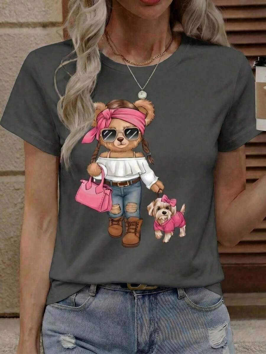 Women's Casual Short Sleeve T-Shirt, Black, With Round Neck And Graphic Print Of Bears And Dogs, Regular Fit, Polyester Top For Autumn Fashion - 深灰色 - 查看 1