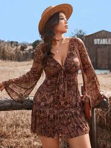 Vestido casual de mujer talla grande con estampado de flores de paisley, parches y mangas acampanadas para vacaciones y playa, vestido de verano bohemio, ropa occidental para mujer - Café integral - Ver 7