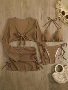 Conjunto de bikini de triángulo de unicolor con pareo para vacaciones en la playa, verano negro - Café integral - Ver 1