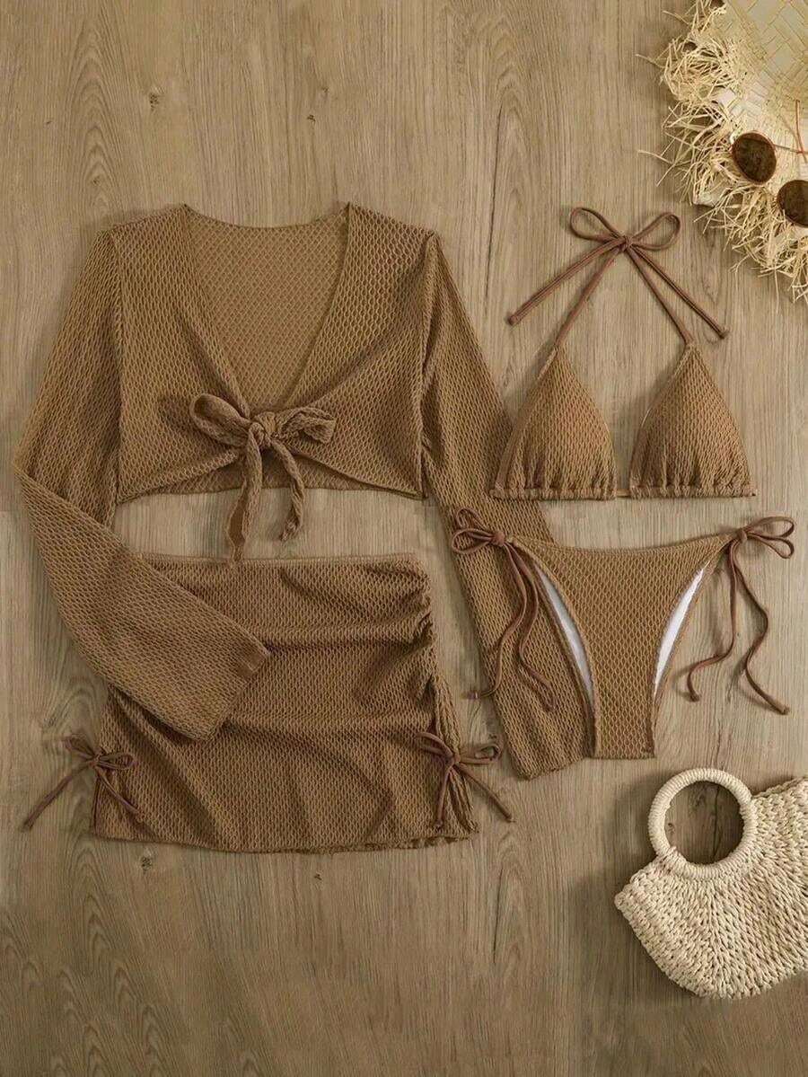 Conjunto de bikini de triángulo de unicolor con pareo para vacaciones en la playa, verano negro - Café integral - Ver 1