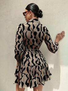 GENKIRA Vestido camisero con estampado todo sobre y cinturón, atuendos de trabajo y vacaciones para mujer - Multicolor 3 - Ver 2