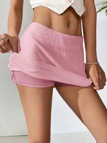 Minifalda sólida de uso casual y versátil para uso diario - Rosa - Ver 8