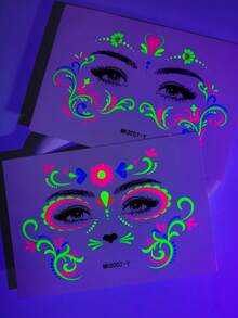 4pcs Neon Floral Temporary Tattoos, Glow-In-The-Dark Body Art Stickers, Suitable For Night Parties, Music Festivals, Cheek & Brow Art In Spring/Summer - Multicolor - View 6