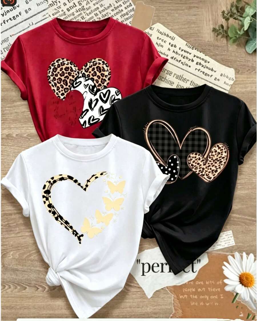 camisetas de manga corta con Prenda individual, no un conjunto de 3 piezas, 1 piezas/set de camisetas de manga suitable for streetwear, Top oversized cuello redondo daily outings, camping, concerts, hip-hop, rock, and rap events cuello redondo, estampado de letras inglesas y corazones, para mujer, estilo casual de verano - Negro - Ver 1