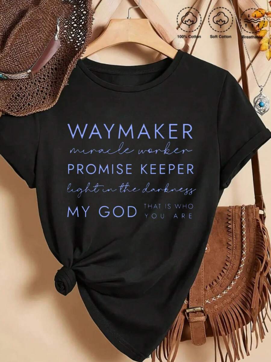 Waymaker Miracle Worker Promise Keeper Light In The Darkness My God That Is Who You Are Colored Cotton T-Shirt Women's Colored Cotton T-Shirt Understated Luxury Casual Tee-Y2K Style With Digital Print An Excellent Gift For Friends And Family Perfect For Easter Or As A Special Treat For Her - màu đen - Xem 1