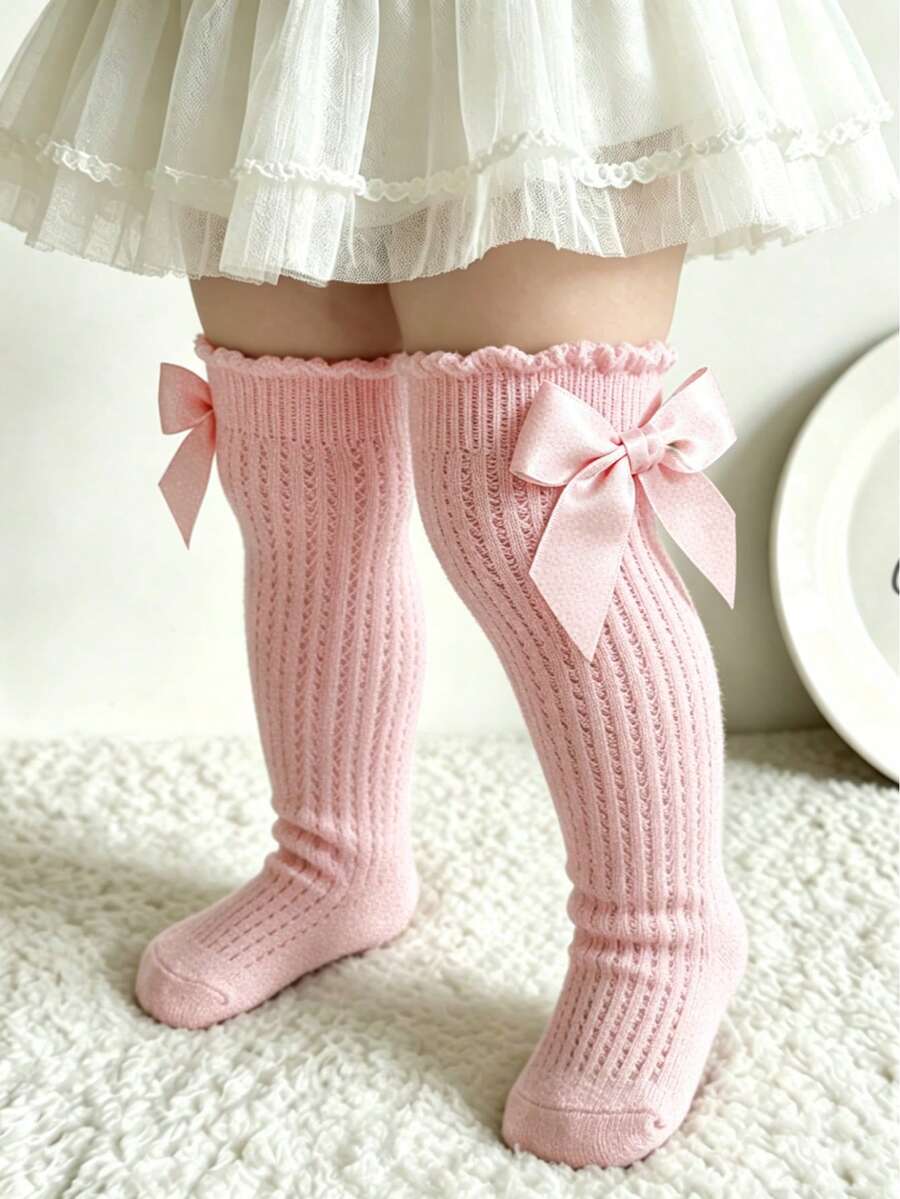 1 Pair Girls' Mesh Bow Knee High Socks, Breathable Non-Sweating Calf Length Socks