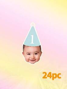 24/48/96pcs Customized Baby Face 1st Birthday Stickers, Personalized Photo And Text Party Hat Stickers, Suitable For Small Gifts, Cups, Candy Bags Custom Stickers - Multicolor - View 11