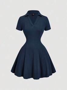 Vestido mini de punto con cuello de volantes en caqui vintage - Estilo preppy, años 70, informal, cómodo, para ir y venir, estética de dinero antiguo, perfecto para atuendos escolares, atuendos de enseñanza y ropa de oficina - Azul marino - Ver 1