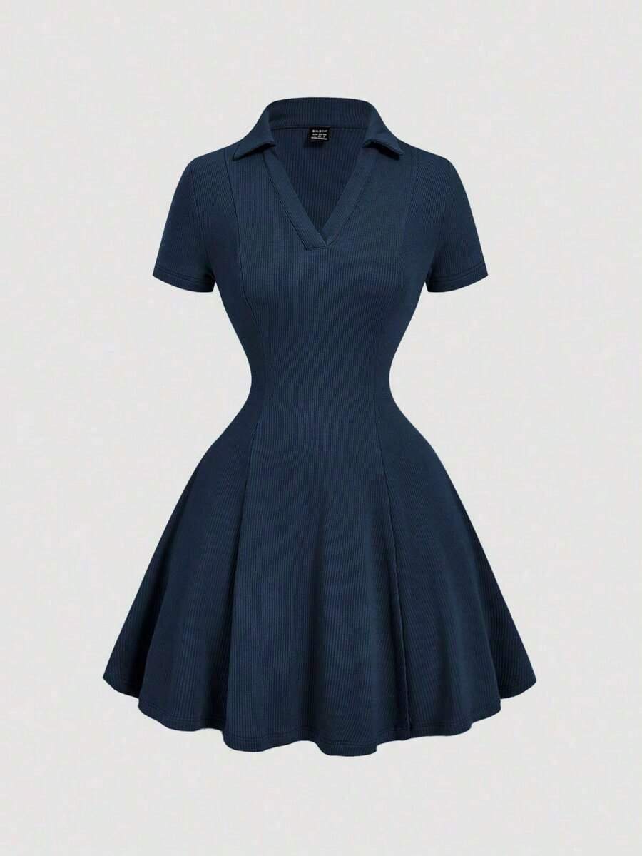 Vestido mini de punto con cuello de volantes en caqui vintage - Estilo preppy, años 70, informal, cómodo, para ir y venir, estética de dinero antiguo, perfecto para atuendos escolares, atuendos de enseñanza y ropa de oficina - Azul marino - Ver 1