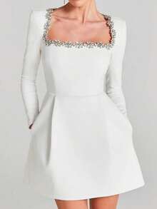 Vestido largo mujer manga larga, cuello cuadrado con pedrería, cintura ajustada, elegante - Blanco - Ver 7