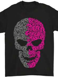 Camiseta de motero gótico 100% aodón con patrón de calavera en rosa y gris - Negro - Ver 2