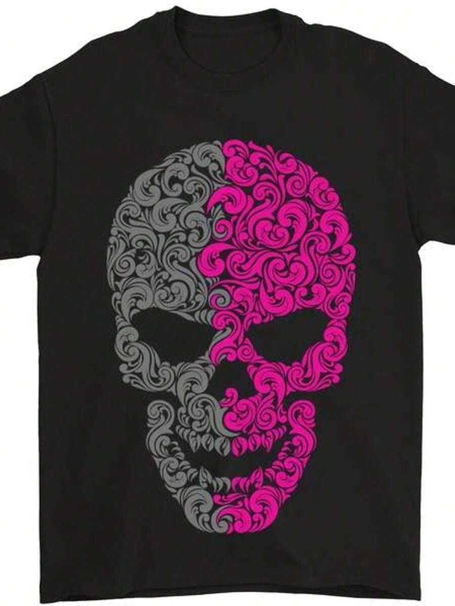 Camiseta de motero gótico 100% aodón con patrón de calavera en rosa y gris