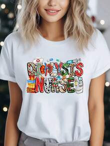 Camiseta con estampado navideño para enfermera de diálisis, manga corta, cuello redondo, top casual para verano y primavera, ropa de mujer - Negro - Ver 7