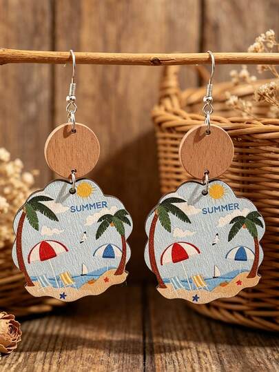1 Pair Natural Wood Beach Theme Earrings, Vacation Style Palm Tree & Beach Chic Earrings For Women