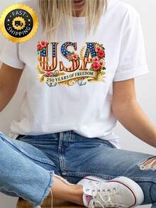 Camiseta Floral AM1erica 250th Anniversary, USA 250 Years Independence T1EE, Sudadera con capucha US Anniversary 17762026, Sudadera Freedom 4Th of July. Camiseta unisex de algodón puro de 220 g, peso ideal para todas las estaciones, apta para hombres y mujeres. Tejido duradero de alta calidad, suave al tacto y de larga duración. Parte superior transpirable. Adecuada para la primavera y el verano de las mujeres, vacaciones, Día de la Madre, Día de la Independencia. - Blanco - Ver 1