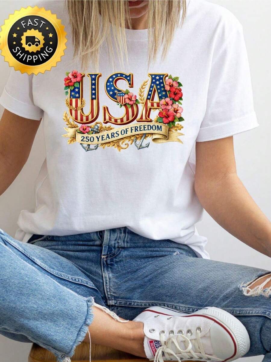 Camiseta Floral AM1erica 250th Anniversary, USA 250 Years Independence T1EE, Sudadera con capucha US Anniversary 17762026, Sudadera Freedom 4Th of July. Camiseta unisex de algodón puro de 220 g, peso ideal para todas las estaciones, apta para hombres y mujeres. Tejido duradero de alta calidad, suave al tacto y de larga duración. Parte superior transpirable. Adecuada para la primavera y el verano de las mujeres, vacaciones, Día de la Madre, Día de la Independencia. - Blanco - Ver 1