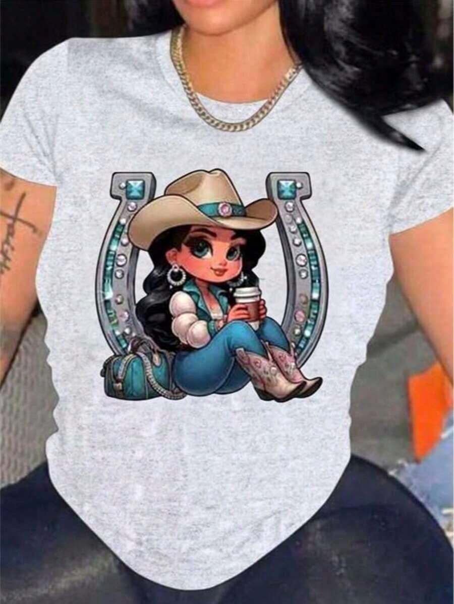 Vintage Camiseta mujer estilo occidental estampado caricatura de vaquera diseño creativo tela suave holgada cuello redondo manga corta primavera verano uso diarioFashion 100% Cotton - Gris - Ver 1