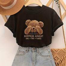 Camiseta Casual de Manga Corta con Cuello Redondo y Estampado de Oso para Mujer - Negro - Ver 4