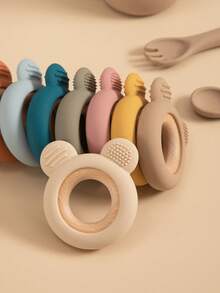 1pc Flower Teddy Bear Shaped Silicone Teether With Wooden Ring, Baby Teething Chew Toy, Multicolor Optional For Newborn Infant Molar Training - Multicolor - View 8
