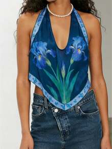 Women's Summer Flower Print Backless V Neck Halter Top  Soft Breathable Y2K Daily Party - Blue - View 1
