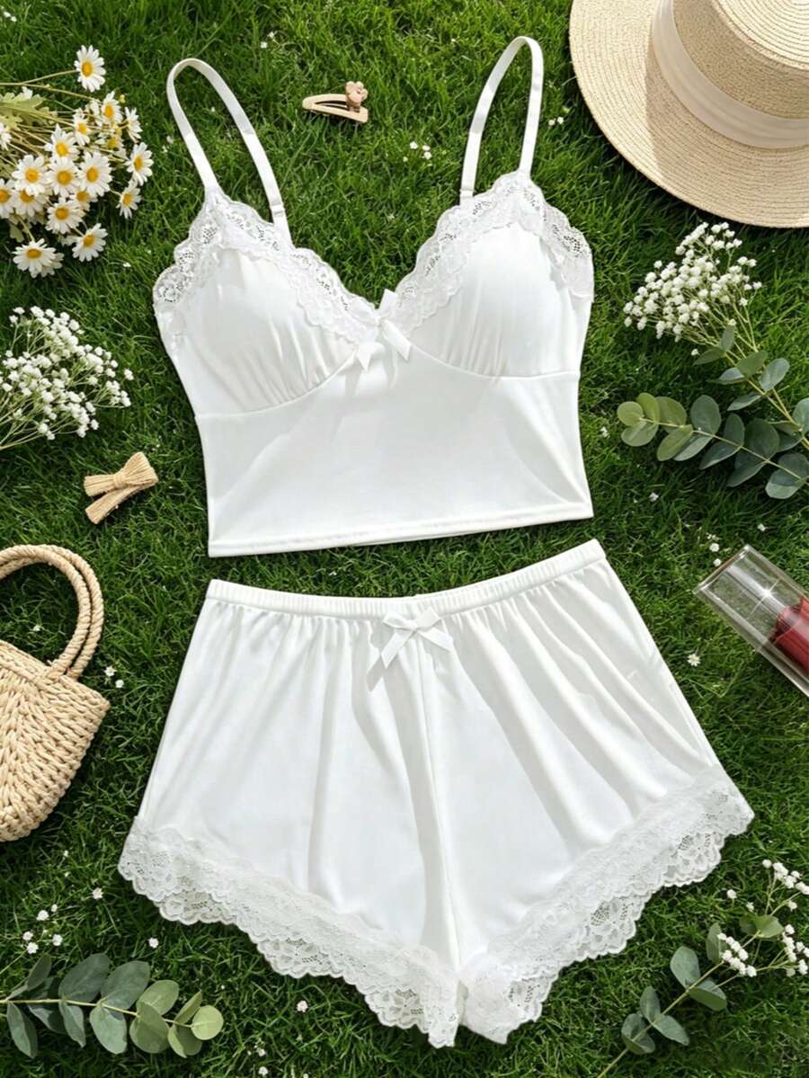 Sexy Women's Lingerie Set Contrast Lace Ribbed Camisole & Shorts Romantic Soft Cozy Loungewear Knit Cute Sleepwear Back To School Pajama Outing
