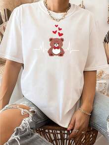 Women's Casual Short Sleeve T-Shirt With Bear And Heart Print - Casual Round Neck Blouse, Sizes S-XXL And Multicolor Options (As Shown) | Machine Washable Summer And Everyday T-Shirt For Office, Vacation, Daily Wear - Medium Stretch Fabric Suitable For - 180g - Versatile 100% Cotton Women's Casual T-Shirt - Easy To Match Basic - Modern And Stylish T-Shirt - 白色 - 查看 6