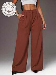 Pantalones anchos de pierna ancha de color café oscuro de moda minimalista para mujeres, pantalones de tela marrón de pierna ancha para el trabajo, pantalones de tiro alto de pierna ancha marrón para mujeres, pantalones de traje marrón para otoño/invierno - Café integral 2 - Ver 7