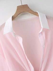 Nueva blusa de gasa de unicolor con chal corto casual de estilo de alas de murciélago para mujeres - Rosa 3 - Ver 4