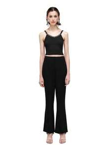 Rich Radi Q's Women's Solid Color Woven Non-Stretch Flare Pants With Distinctive Slit Detail - Black - View 1