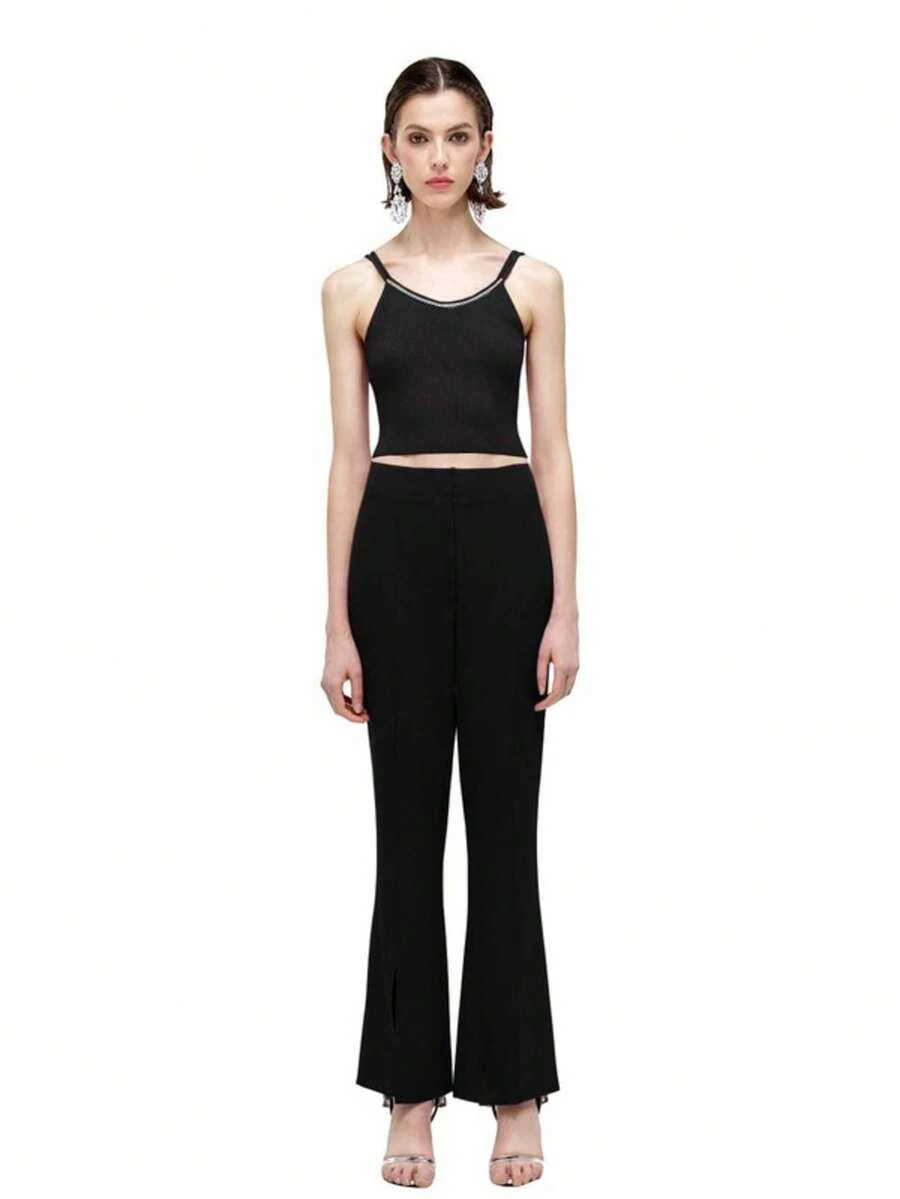 Rich Radi Q's Women's Solid Color Woven Non-Stretch Flare Pants With Distinctive Slit Detail - Black - View 1