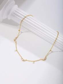 1pc Women's Necklace, Layered Copper Inlaid Zirconia Sunflower & Lotus Flower Mini Zirconia Pendant Tassel Choker Necklace, Daily Wear & Party Accessory Gift - Yellow Gold - View 6